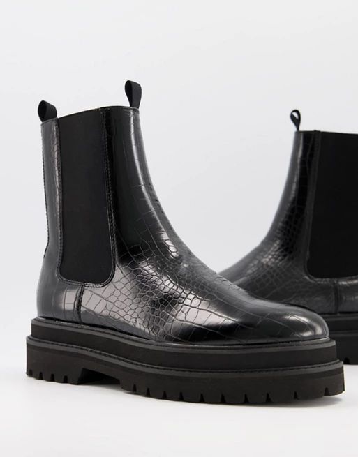 ASOS DESIGN chelsea calf boots in black faux leather with croc effect | ASOS (Global)