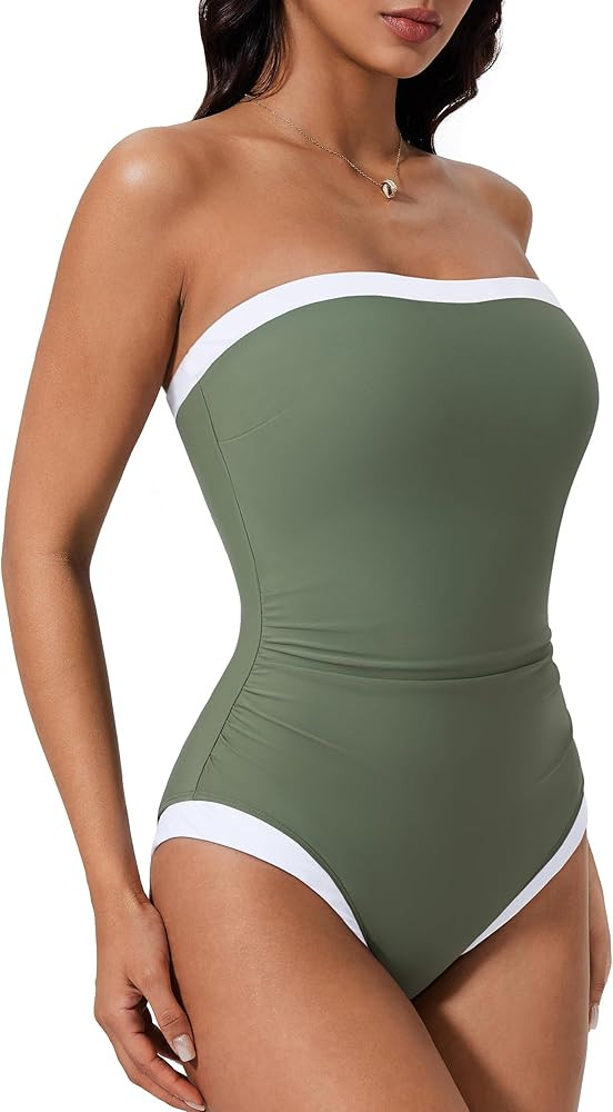 SUUKSESS Women One Piece Tummy Control Swimsuit Strapless Bandeau Bathing Suit | Amazon (US)