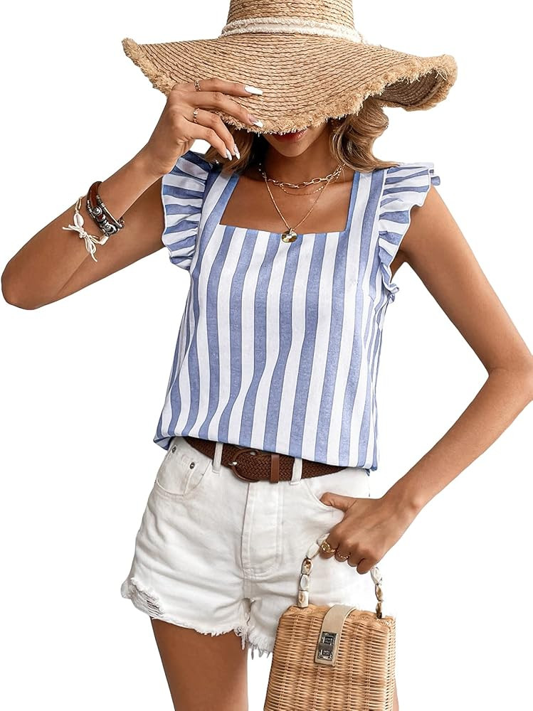 WDIRARA Women's Striped Ruffle Cap Sleeve Square Neck Boho Summer Blouse Casual Top | Amazon (US)
