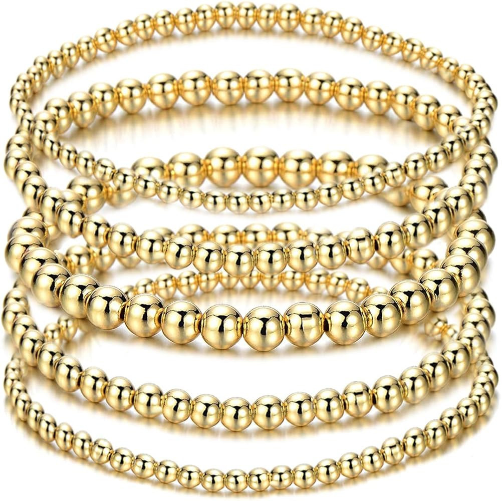 Gold Beaded Bracelet for Women 14 K Gold Plated Ball Beads Bracelet Stack Stretch String Friendsh... | Amazon (US)
