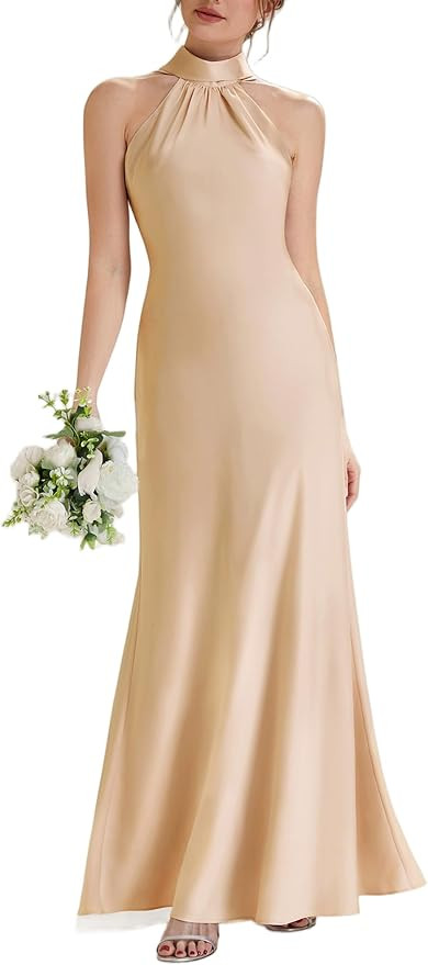 Ever-Pretty Women's Summer Sleeveless Halter Satin Bridesmaid Dresses Backless Flowy Ribbons Form... | Amazon (US)