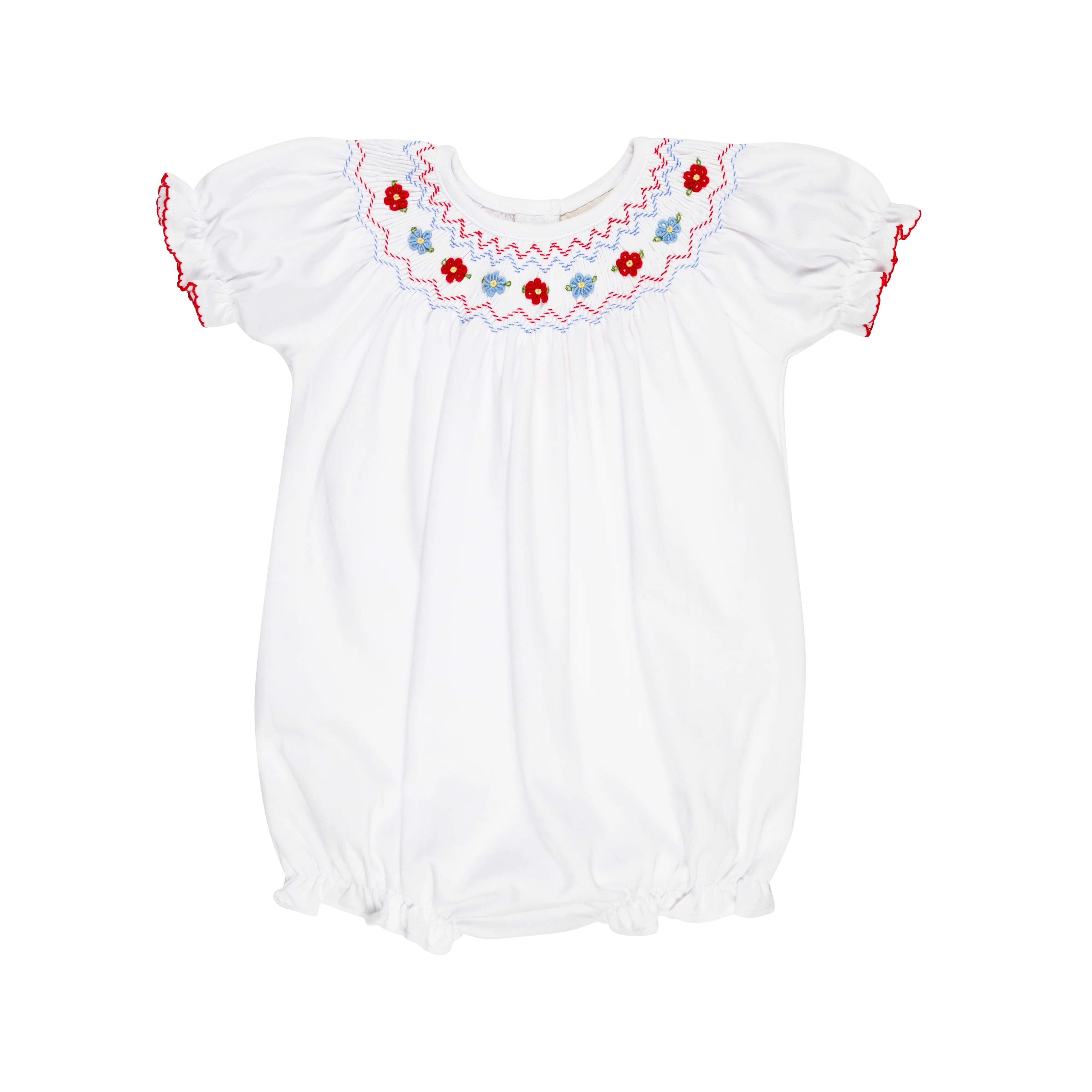 Sandy Smocked Bubble - Worth Avenue White with Richmond Red & Park City Periwinkle Flower Smockin... | The Beaufort Bonnet Company