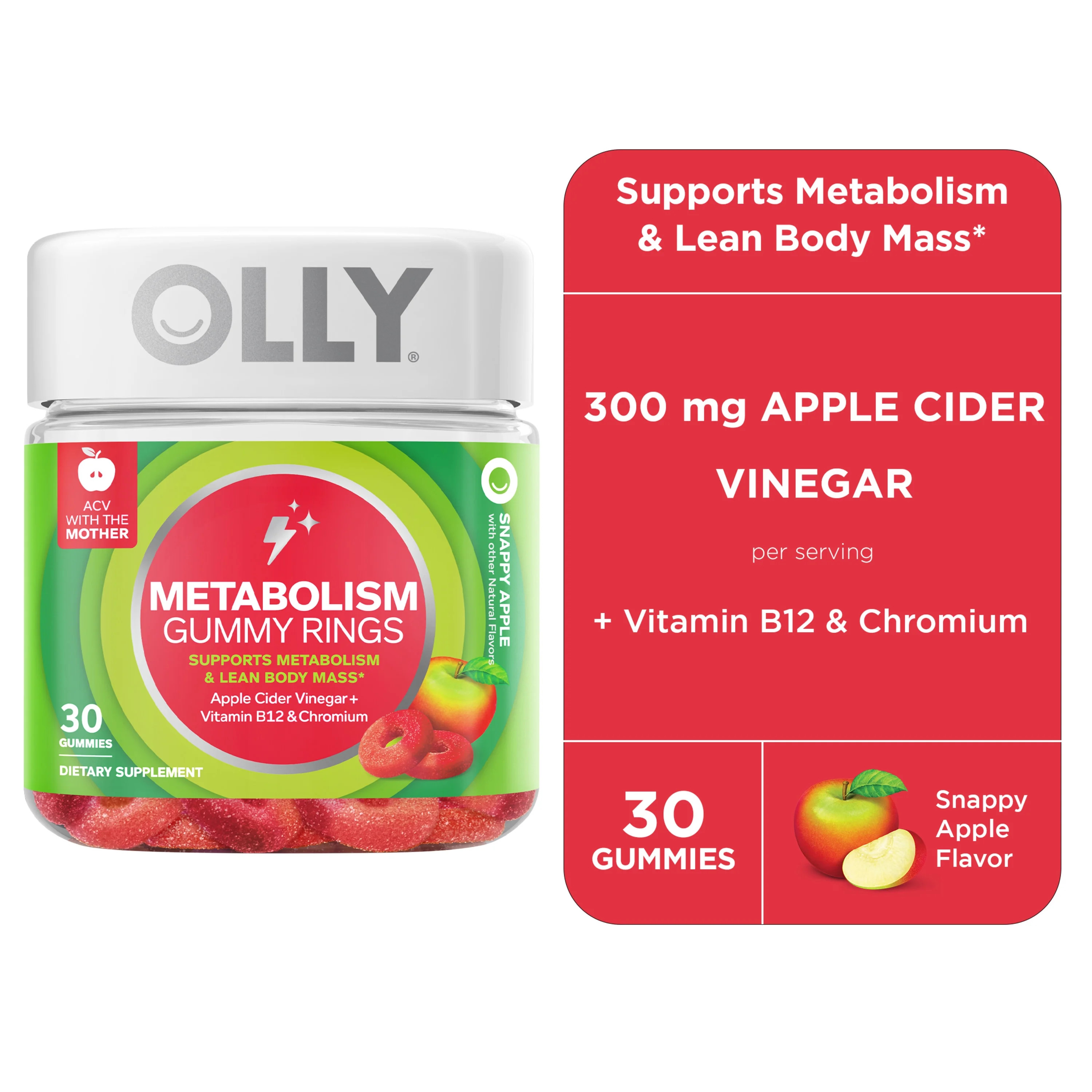 OLLY Metabolism Gummy Rings, Apple Cider Vinegar, B12, Chromium, Apple Flavor, 30 Ct | Walmart (US)