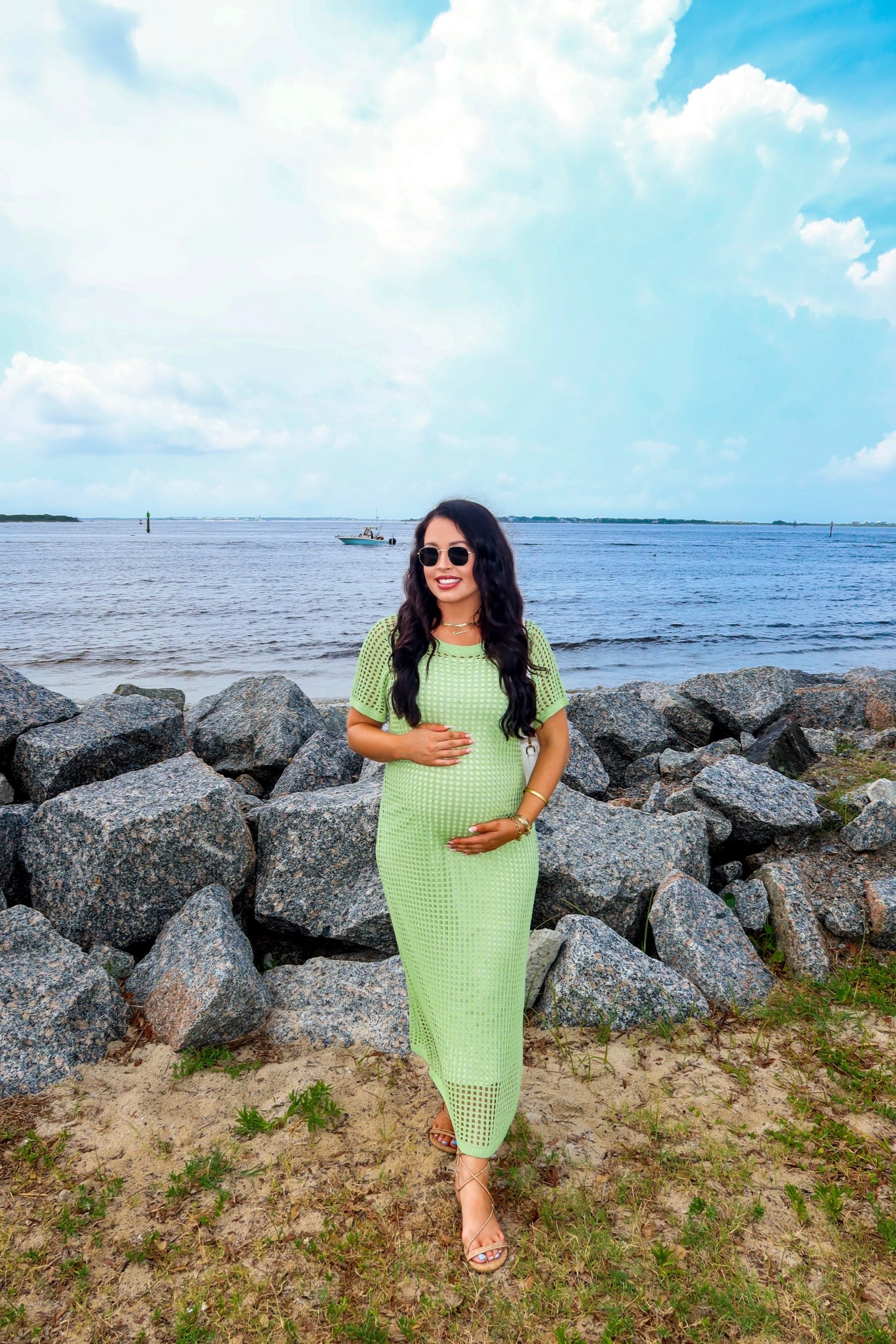 Under $45 Amazon crochet maxi dress (medium, 5+ colors), under $22 Amazon lace up flat sandals (tts), under $10 Amazon round sunglasses and under $26 rattan purse 33 weeks pregnant here #founditonamazon 

#LTKSaleAlert #LTKBump #LTKFindsUnder50