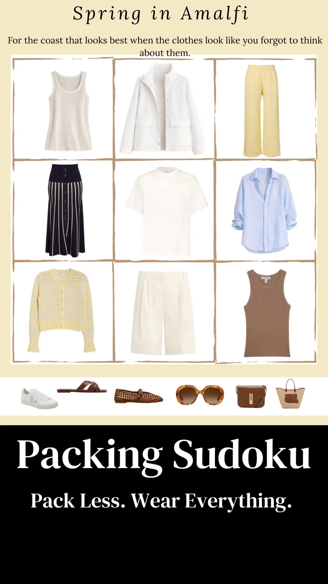 Spring in Amalfi -  the grid I use when I want everything to just work.
Simple pieces that mix easily and carry you through the day without overthinking it.
Everything is linked. The full system is inside the guide if you want to build your own.