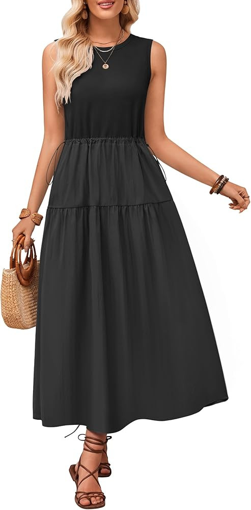 ZESICA Women's 2024 Summer Sleeveless Midi Dress Casual Crewneck Drawstring Waist Flowy Long Dres... | Amazon (US)