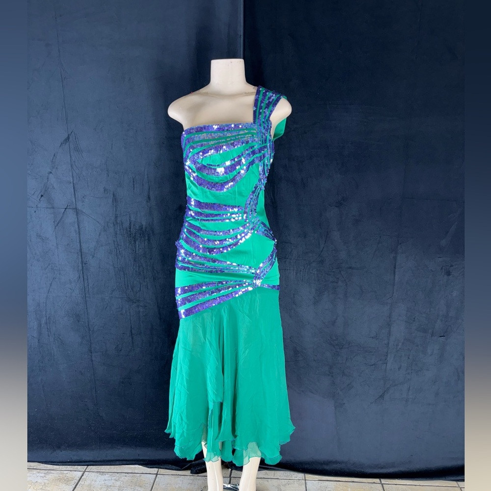 One Shoulder Green Mandalay Dress with Purple Sequin Accents | Poshmark