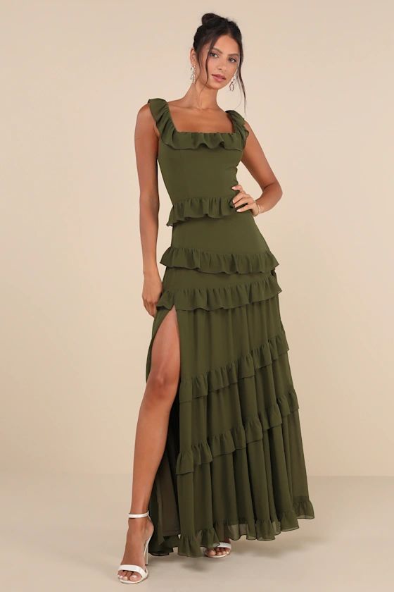 Compelling Romantic Olive Green Ruffled Tiered Maxi Dress | Lulus