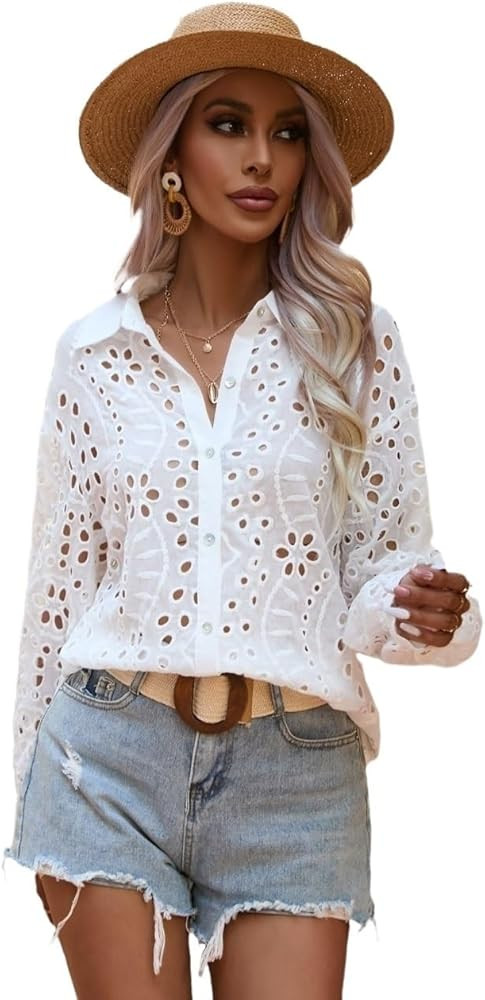 Womens Blouses Eyelet Embroidery Button Front Shirt Long Sleeve Casual Shirt Fashion Tops | Amazon (US)
