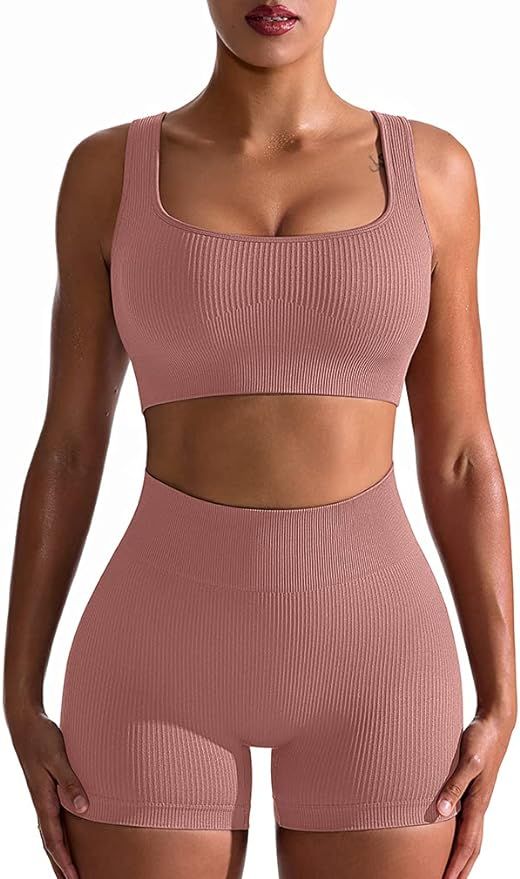 OQQ Workout Outfits for Women 2 Piece Seamless Ribbed High Waist Leggings with Sports Bra Exercis... | Amazon (US)