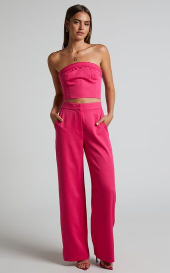 Silvia Two Piece Set - Foldover Top and Wide Leg Pant in Hot Pink | Showpo (US, UK & Europe)