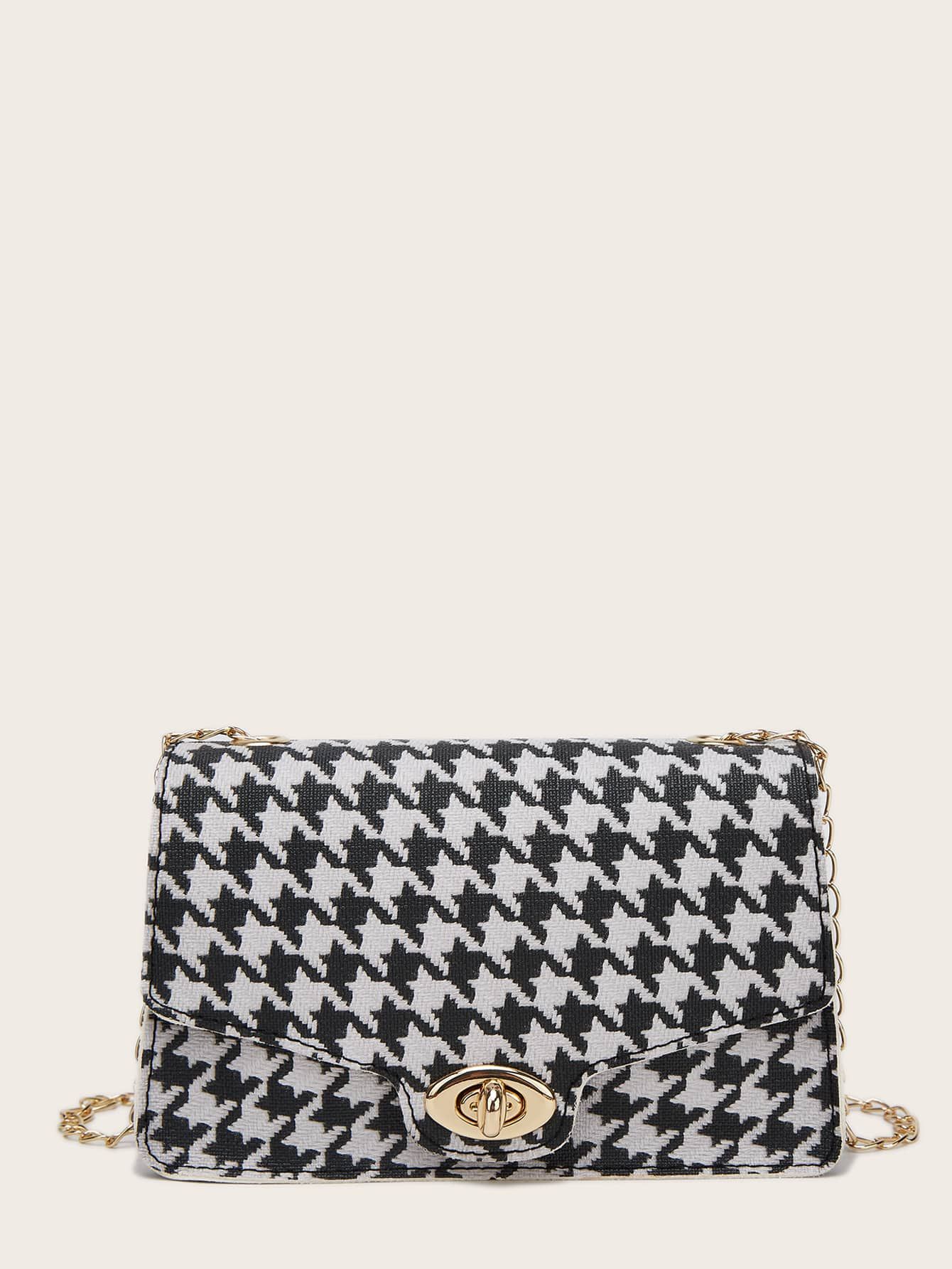 Houndstooth Pattern Turn-Lock Crossbody Bag | SHEIN