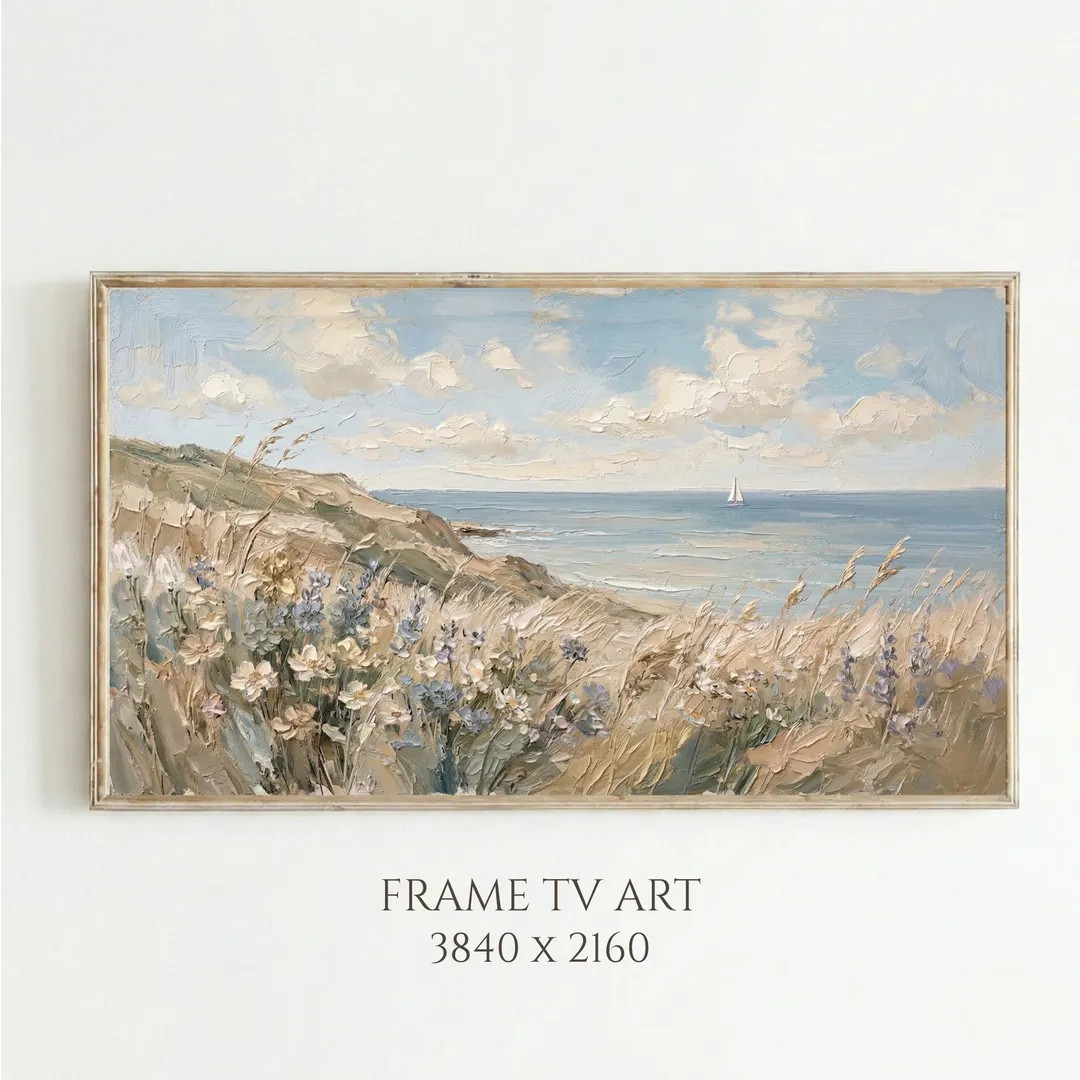 Coastal Wildflower Frame TV Art, Cliffside Ocean Landscape, Pastel Seascape Samsung Frame TV Art ... | Etsy (Global)