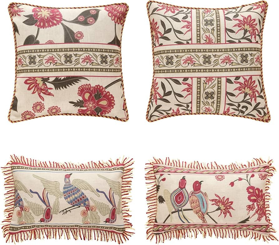 patdrea Designer Throw Pillow Covers Set of 4,Vintage Red Linen Pillowcases with Flower and Birds... | Amazon (US)