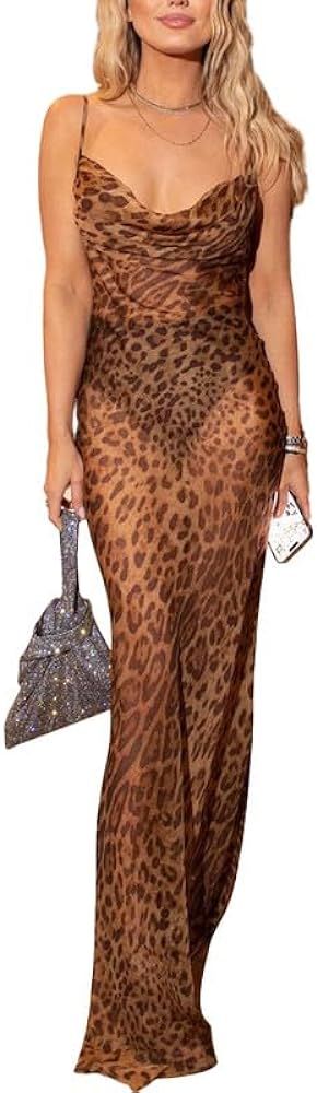 Women Floral Spaghetti Strap Maxi Dress Y2k Printed Bodycon Long Dress Backless Slim Boho Slip Dr... | Amazon (US)