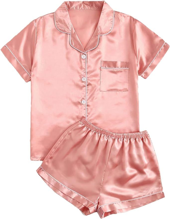 SweatyRocks Women's Short Sleeve Sleepwear Button Down Satin 2 Piece Pajama Set | Amazon (US)