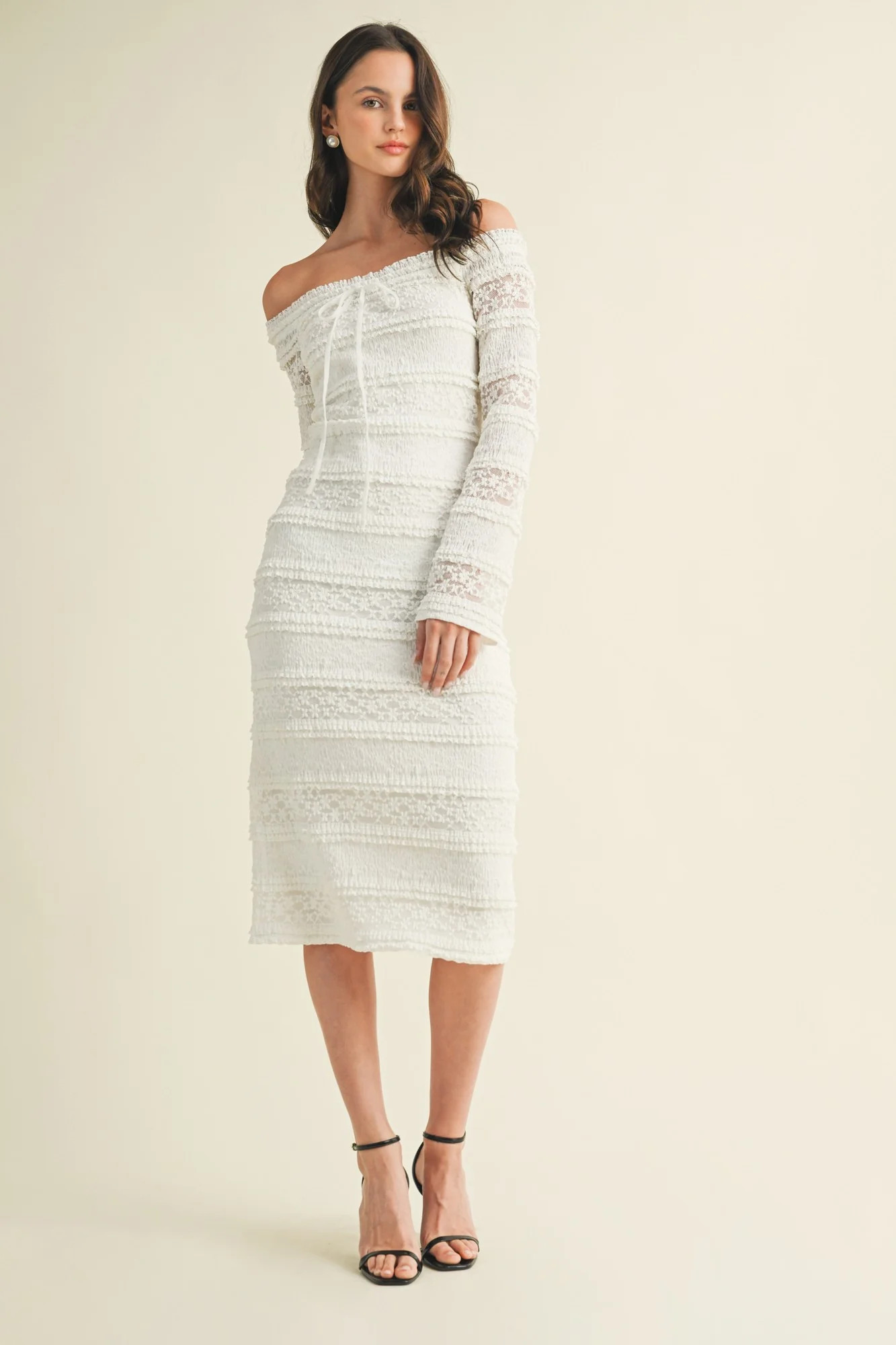 White Lace Ruffle Tiered Off Shoulder Midi Dress | PinkBlush Maternity