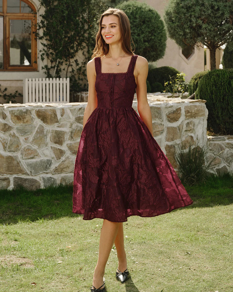 Wine Red Square Neck Jacquard Midi Dress | rihoas.com