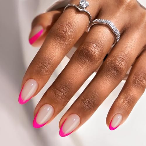 French Tip Press On Nails Almond - BTArtbox Hot Pink Short Stick On Nails for Women, Glue On Nails with Nail Glue in 16 Sizes - 32 Soft Gel Fake Nails Kit, Berry French | Amazon (US)