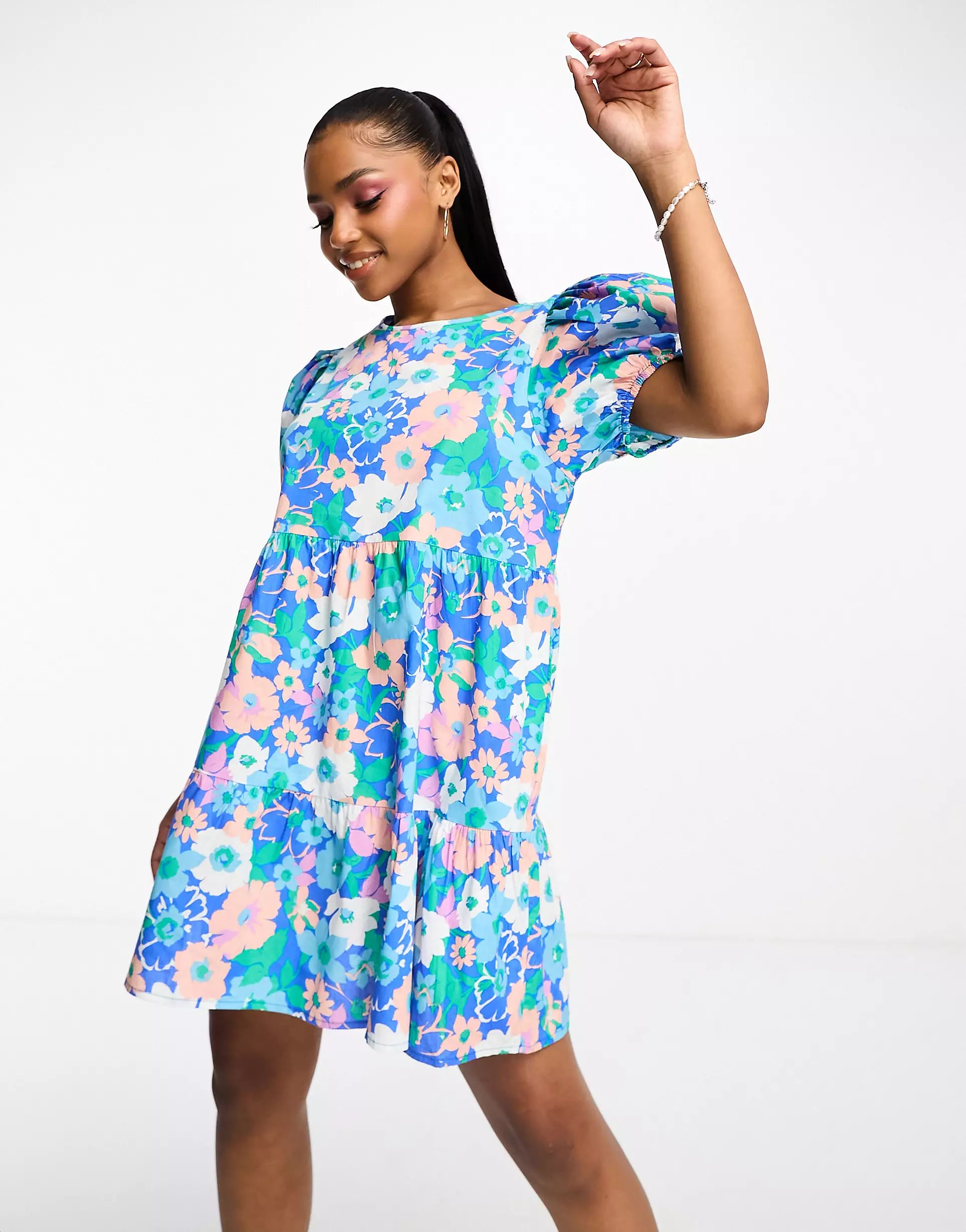 JDY exclusive puff sleeve mini smock dress in print blue & pink floral | ASOS (Global)