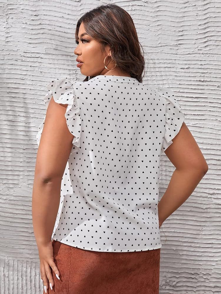 MakeMeChic Women's Plus Size Heart Print Ruffle Cap Sleeve V Neck Blouse Top | Amazon (US)