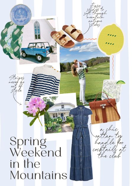 All the essentials for a spring weekend getaway in the mountains of North Carolina. What to wear to highlands NC and cashiers NC. A denim dress, comfy slides, stripe sweater and a raffia bag  

#LTKtravel #LTKstyletip