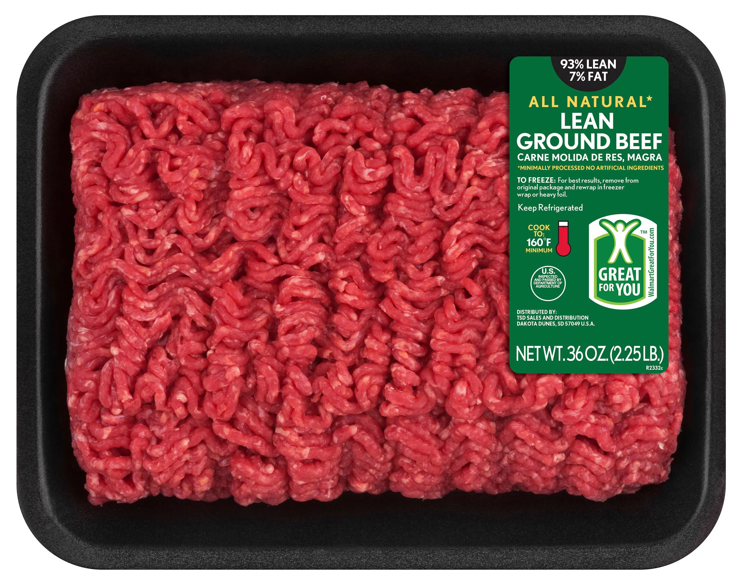 All Natural* 93% Lean/7% Fat Lean Ground Beef Tray, 2.25 lb - Walmart.com | Walmart (US)