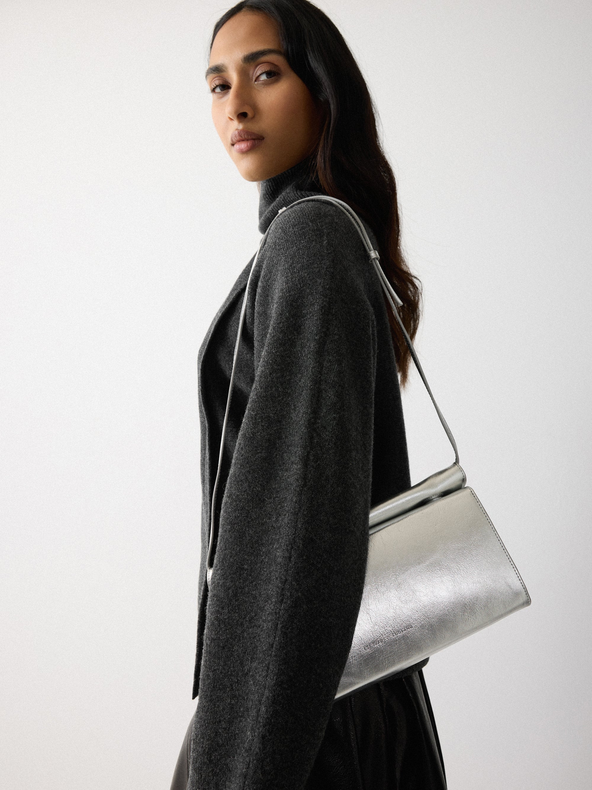 Leather Fold Over Clutch Bag | Silver | Jigsaw (UK)