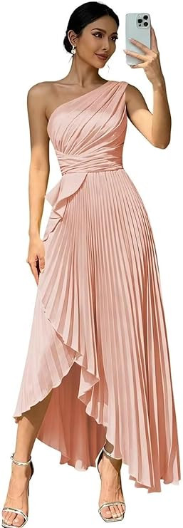Amazon.com: zoteno One Shoulder Satin Bridesmaid Dresses for Wedding Long Ruffles Blush Pink A Li... | Amazon (US)
