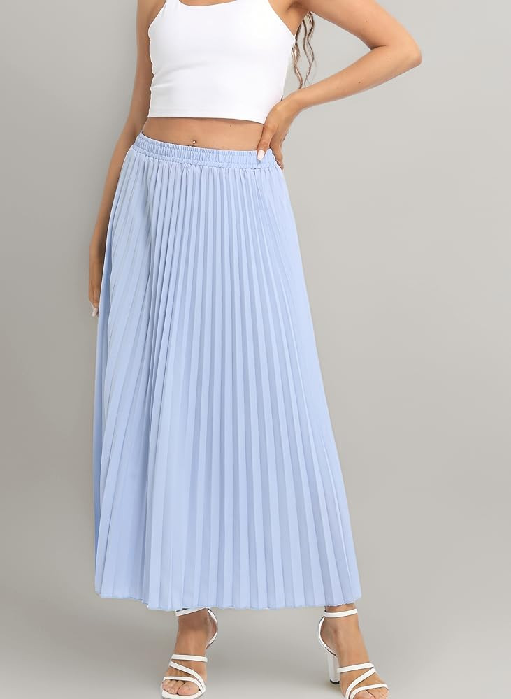 Womens High Waist Flowy Pleated Skirt Elastic Stretch Long Ankle Length Swing A-line Beach Maxi S... | Amazon (UK)