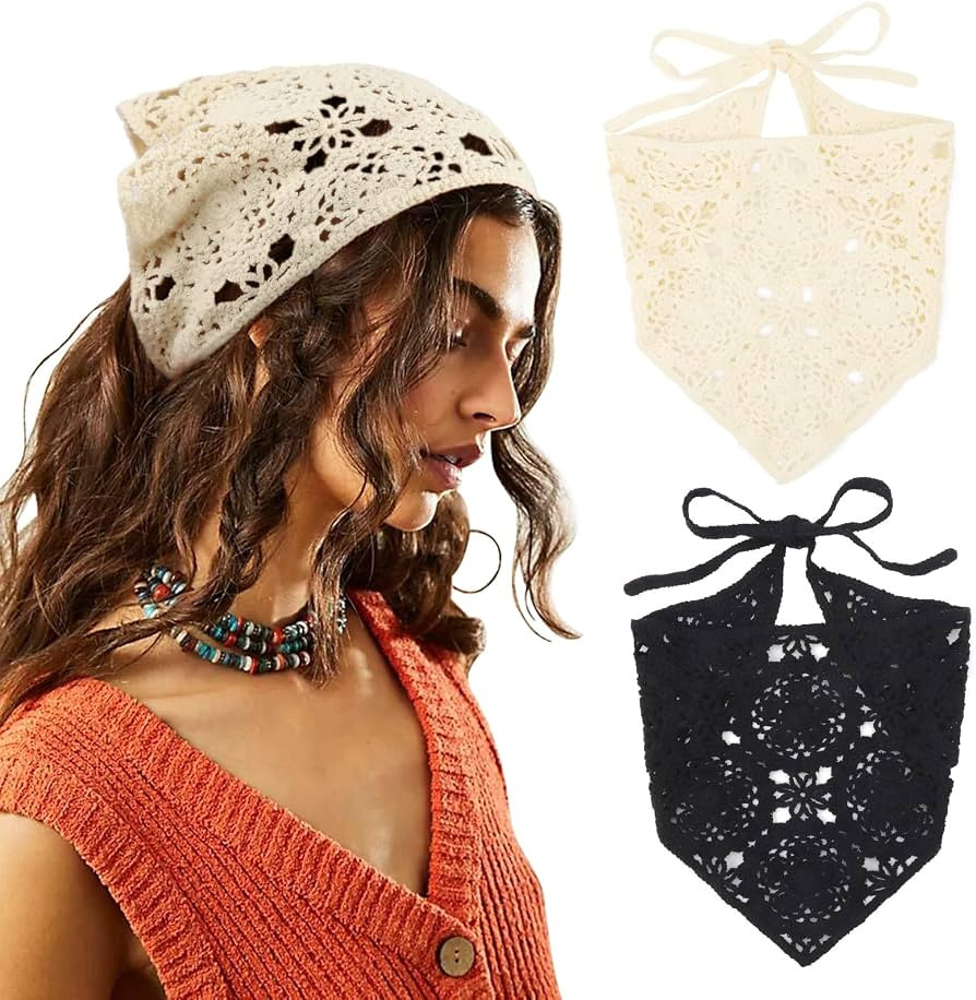 DRESHOW 2 PCS Crochet Hair Bandana Vintage Knotted Headscarf Strawberry Print Headband Knitted He... | Amazon (UK)