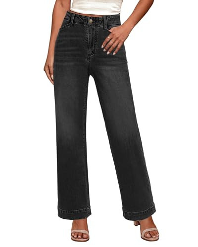 GRAPENT Washed Black Wide Leg Pants for Women High Waisted Jeans Stretchy Waist Jeans, Washed Black, 2XL, US Size 20 to 22 | Amazon (US)