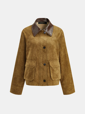 Faux Leather Collar Suede Effect Utility Jacket | Commense