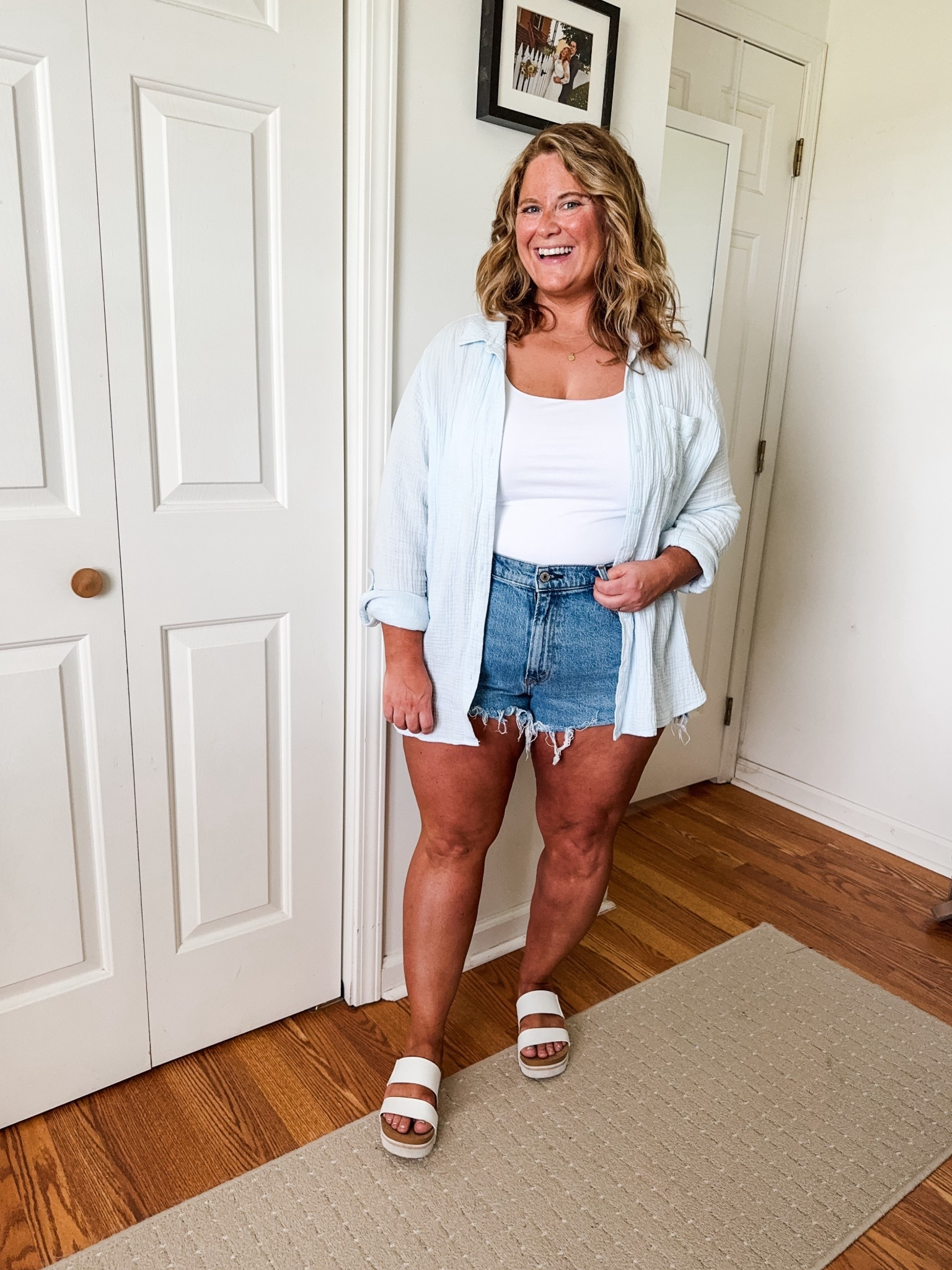 I love a gauze button down as a light layer for summer.  Mine is old so I linked similar.  Wearing a large in my tank and a 33 in shorts (size up one)

#LTKMidsize #LTKFindsUnder50 #LTKSeasonal