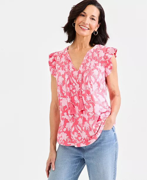 Women's Printed Pintuck Flutter Sleeve Top, Macy's Exclusive | Macy's