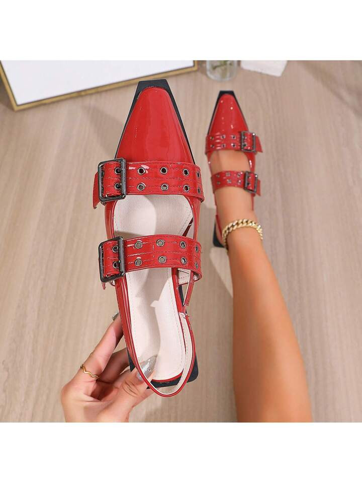 French New Style Niche Leather Belt Buckle Chunky Heel Shallow Mouth Outwear Fashionable Single S... | SHEIN