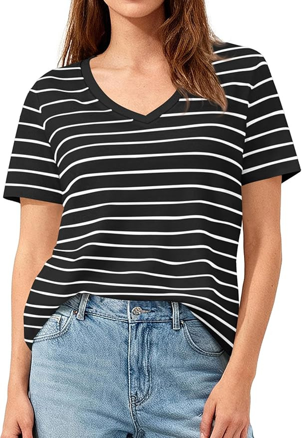 PRETTYGARDEN Short Sleeve Shirts for Women 2026 Spring V Neck Cute Tops Casual Striped Shirt Knit... | Amazon (US)