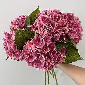 YalzoneMet 3 Pcs 21 in Artificial Rose Pink Hydrangea Flower Natural Lifelike Real Touch Faux Flo... | Amazon (US)
