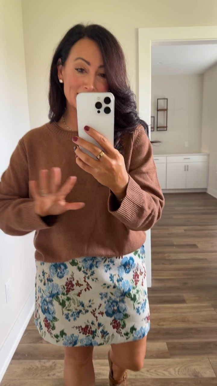 Large sweater (I sized up) // medium skirt // shoes true to size