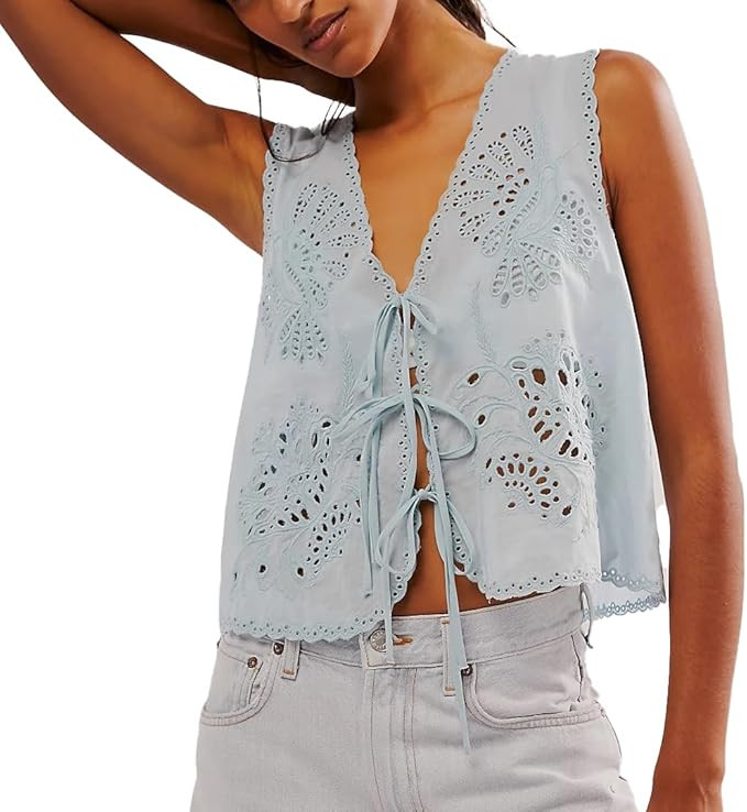 Women Tie Front Vest Linen Eyelet Embroidery Tank Crop Top Hollow Out Open Front Tie Tops for Wom... | Amazon (US)