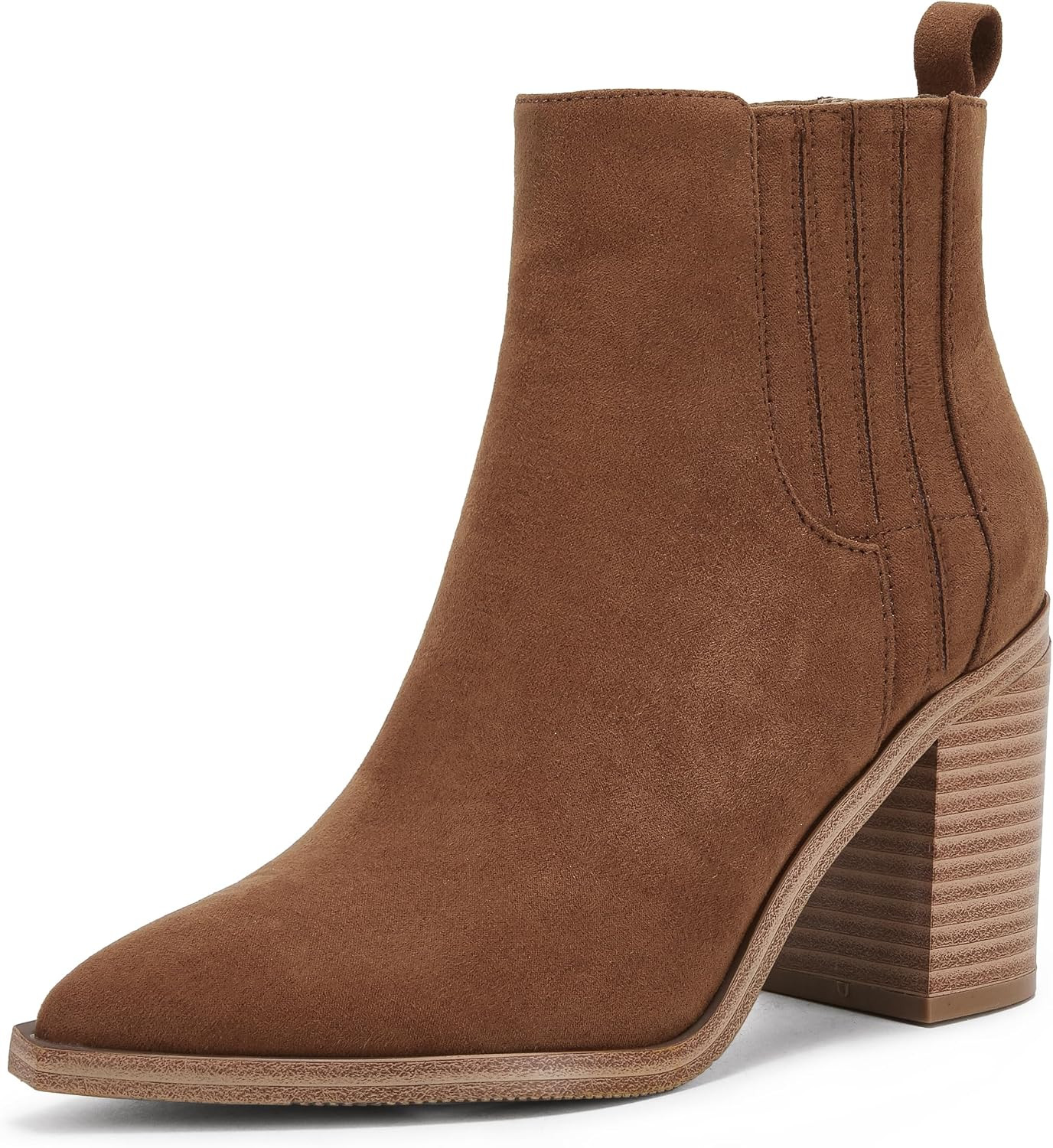 Womens Ankle Boots Slip on Pointed Toe Chunky Block Mid Heel Leather Elastic Panel Casual Chelsea Western Booties | Amazon (US)