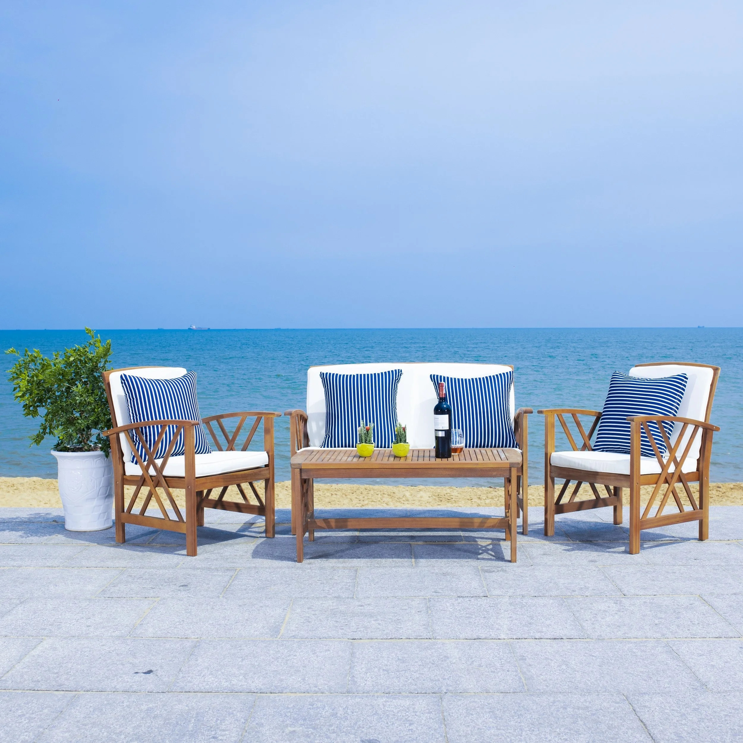 Safavieh Fontana Outdoor 4 Piece Conversational Set - Natural/Navy/White | Walmart (US)