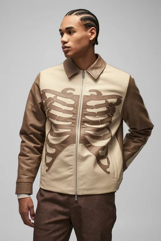 Regular Fit Tumbled PU Skeleton Applique Harrington Jacket | boohooMAN (US & Canada)