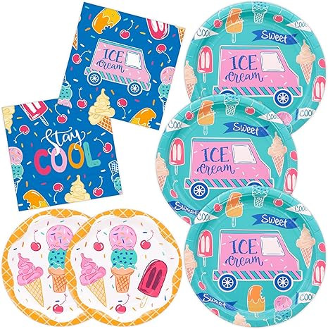 Ice Cream Party Decorations Kit 48 Pcs, Popsicles Ice Cream Cones 9.2" Paper Plates 7" Dessert Pl... | Amazon (US)
