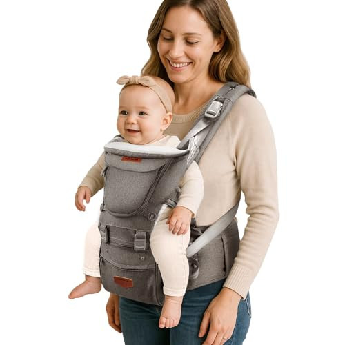 SUNVENO 3 in 1 Ergonomic Baby Carrier with Hip Seat for Newborns and Toddlers, Supports 20 lbs and Up, Waist and Back Relief with Large Weight Capacity for All Season Use, Grey | Amazon (US)