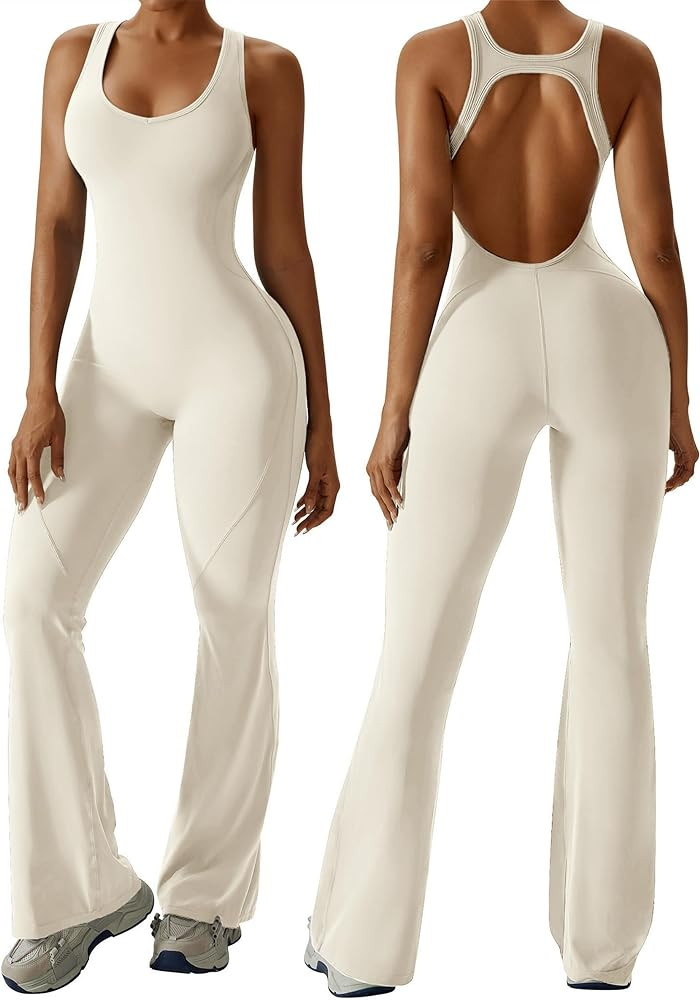OEAK Womens Flare Jumpsuit with Bra Tummy Control Cutout Romper Workout Outfit Sleeveless Unitard... | Amazon (US)