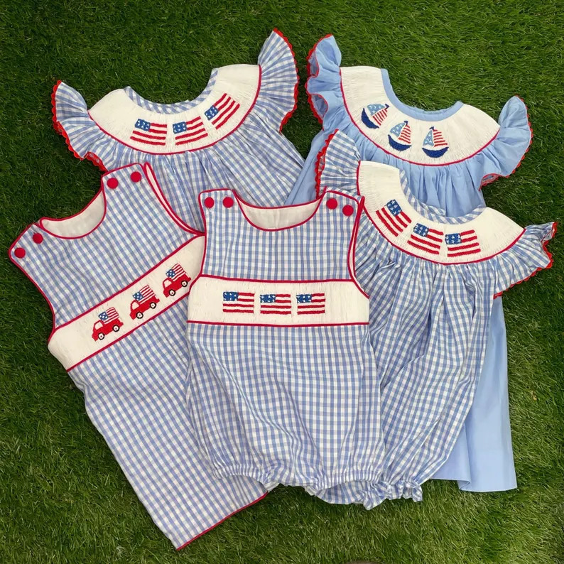 Flag Smocked Boy Bubble in Light Blue Gingham - American Flag, 4th of July, Memorial Day, Army Na... | Etsy (Global)