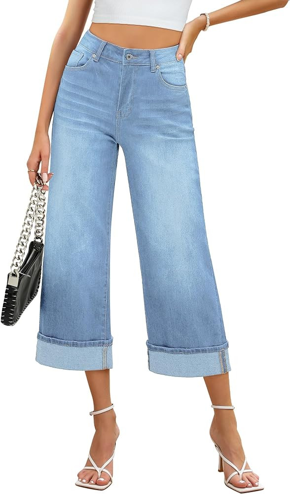 GRAPENT Wide Leg Jeans for Women High Waisted Stretchy Denim Crop Pants Fold Hem Cropped Baggy Je... | Amazon (US)