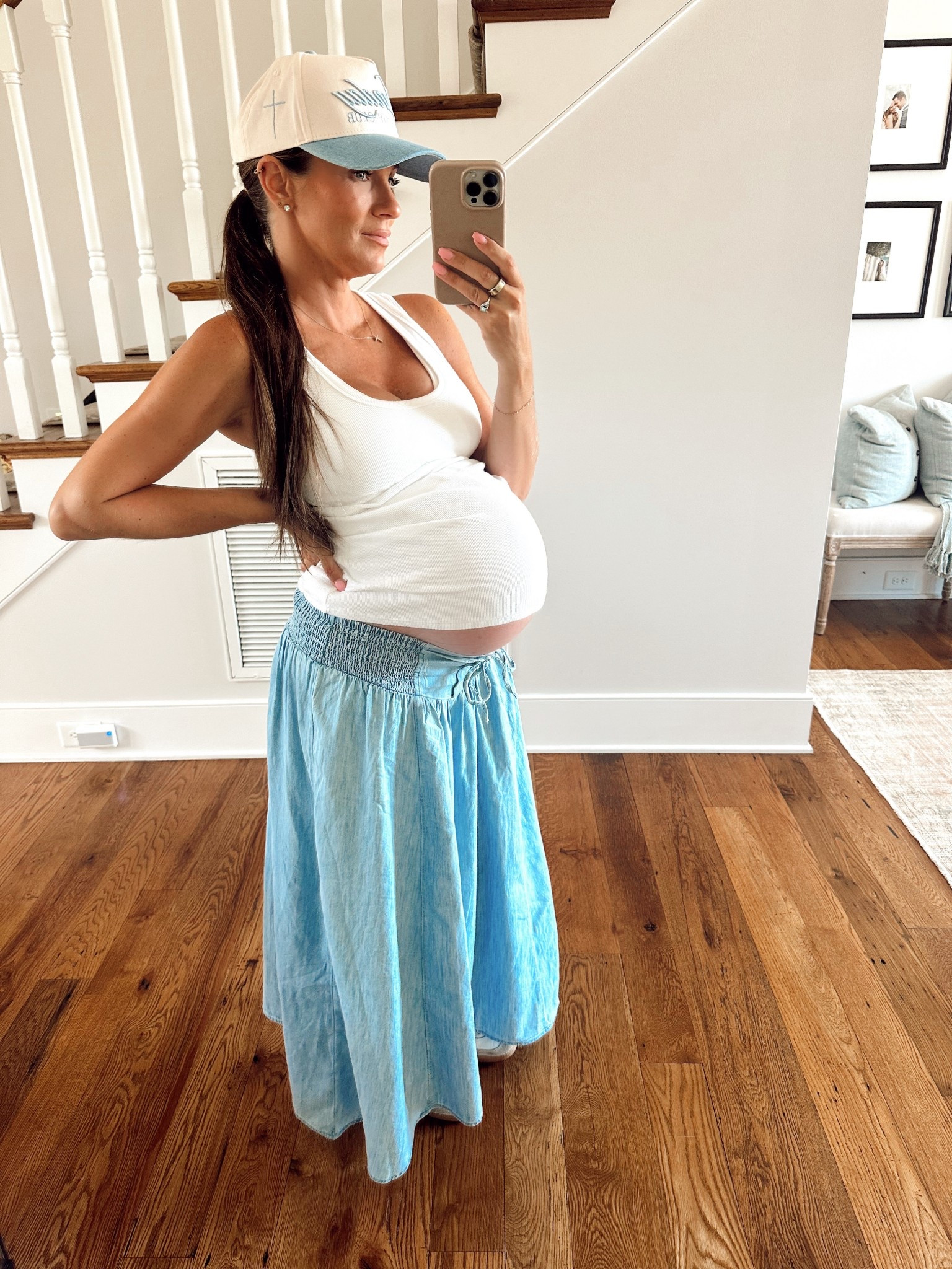 Farmer market outfit for pregnancy. White tank top paired with a trucker hat, chambray maxi skirt, and adidas samba sneakers.

Wearing size Small in top and skirt, on sale!

Found it on Amazon, farmer’s market pregnancy outfit, bump style, dress the bump, Amazon trucker hat, denim skirt, corset skirt, summer maternity outfit, bump friendly, angela Lanter. 

#LTKFindsUnder50 #LTKSaleAlert #LTKBump