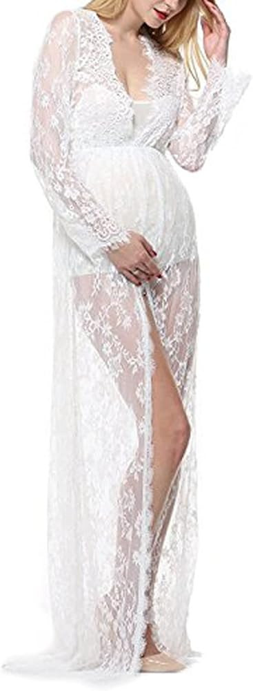 Pregnant Women Photography Lace Dress, White See-Through Maxi Dress with Long Sleeve V-Neck Split Fr | Amazon (US)